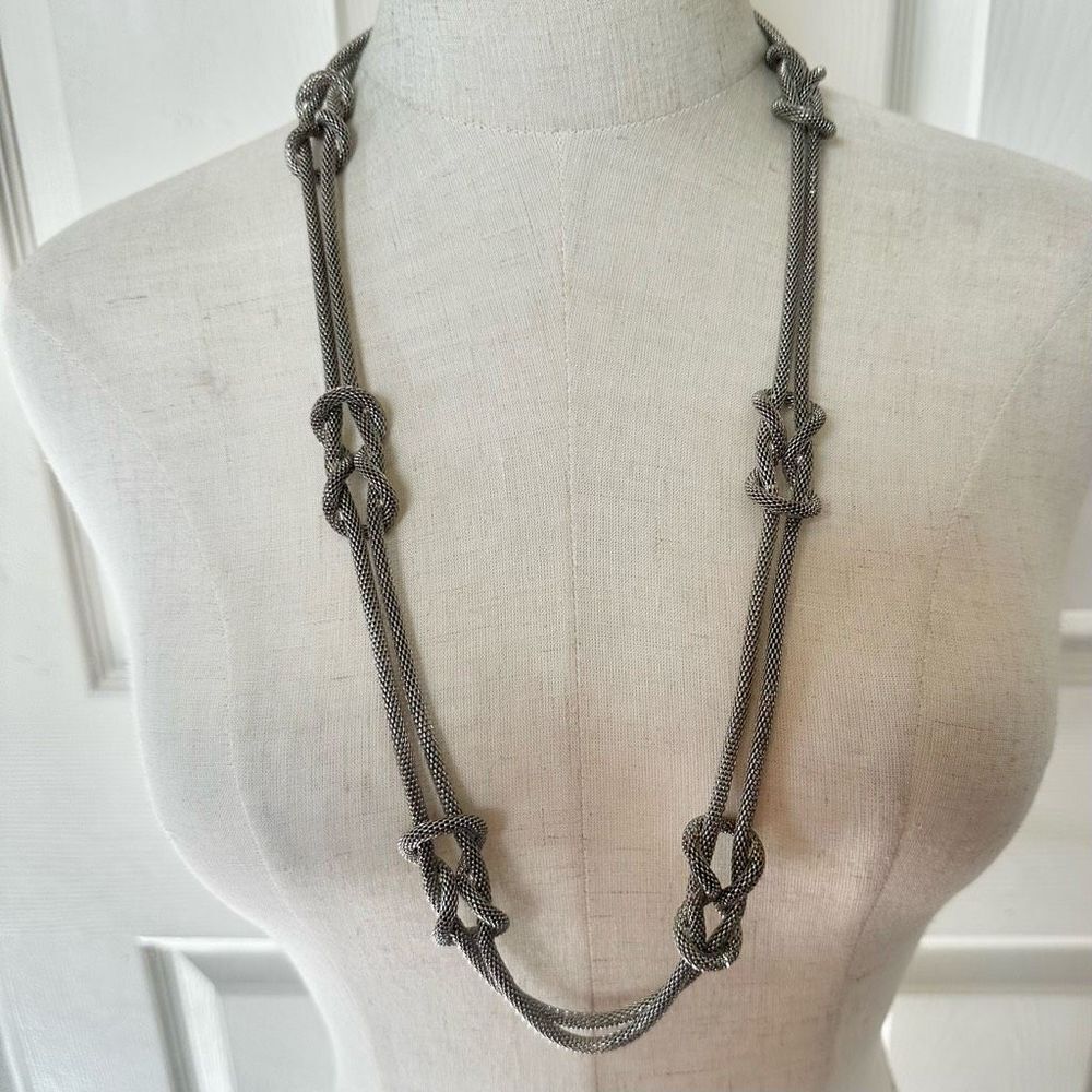 Silver tone long knotted mesh necklace
